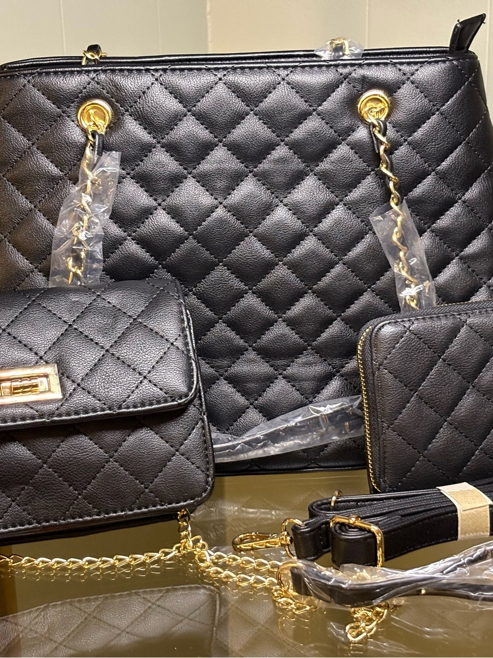 Black Quilted Tote Set with Gold Chain Accents